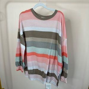 FIRST LOVE WOMENS KNIT LONG SLEEVE CREW NECK TOP PASTEL STRIPES SZ S